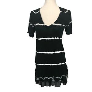 Black White Tie-dye Ruffle Hem V-Neck Mini Dress